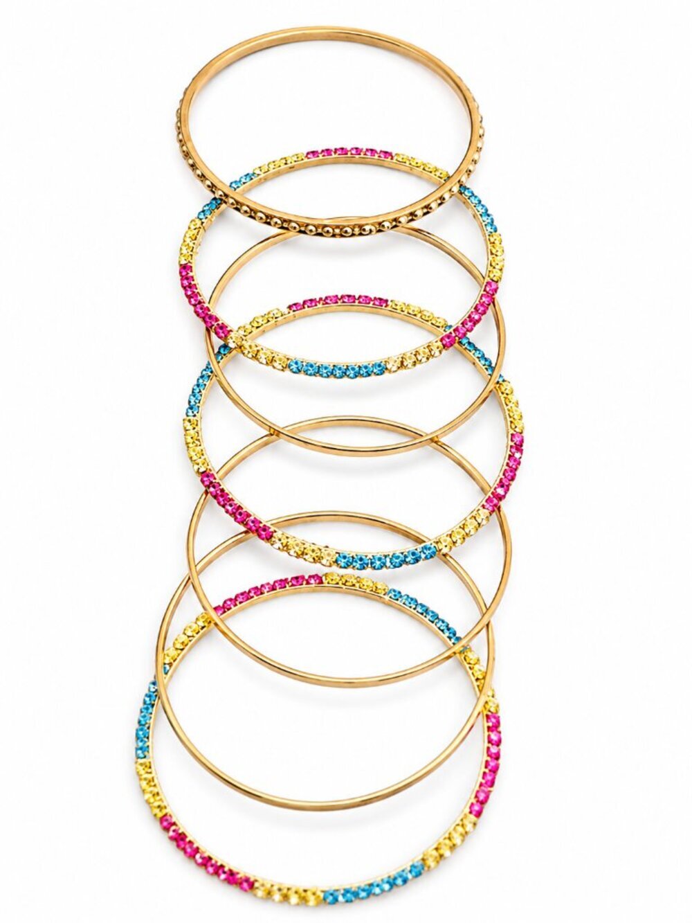 7 -Piece Gold Tone Bangle Bracelet Set – Multicolor Rhinestone Stack